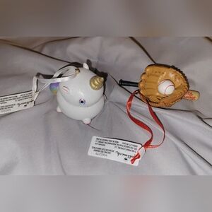 Two Hallmark Ornaments Unipoo and Baseball and Bat NWT